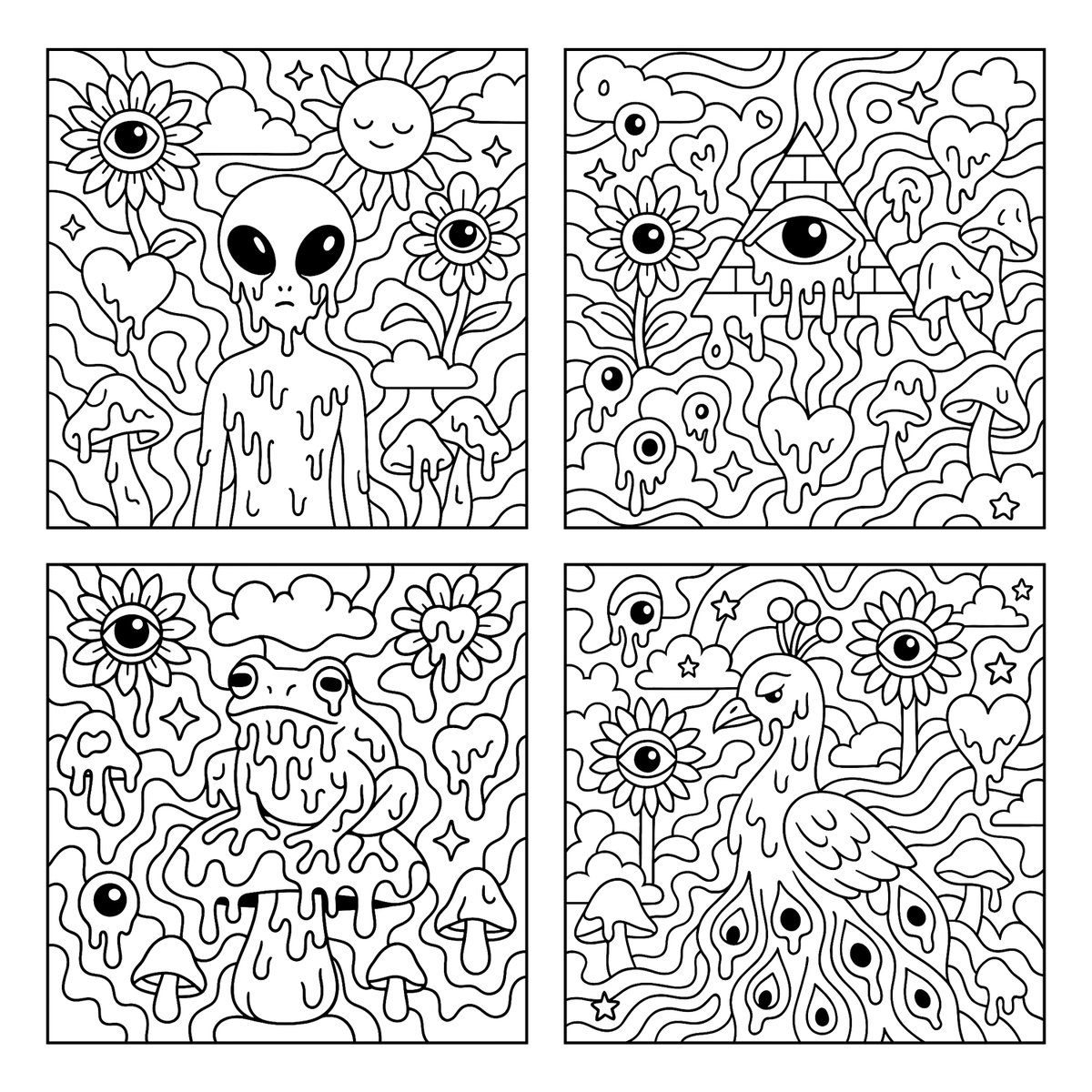 Psychedelic Black and White Coloring Page - 1