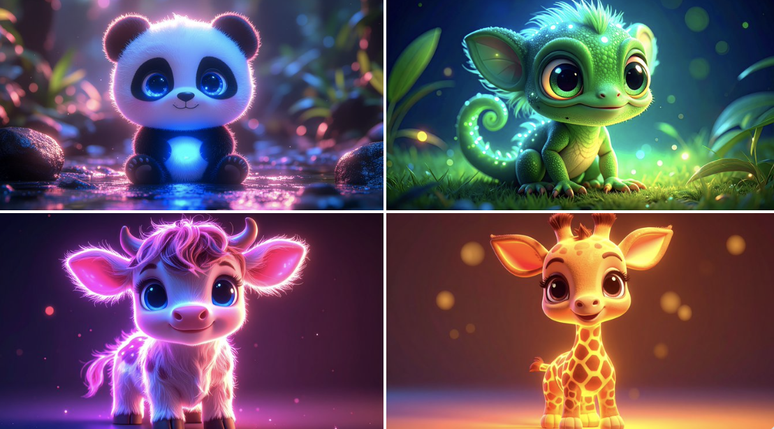 Neon-Lit Glowing Cute Animals