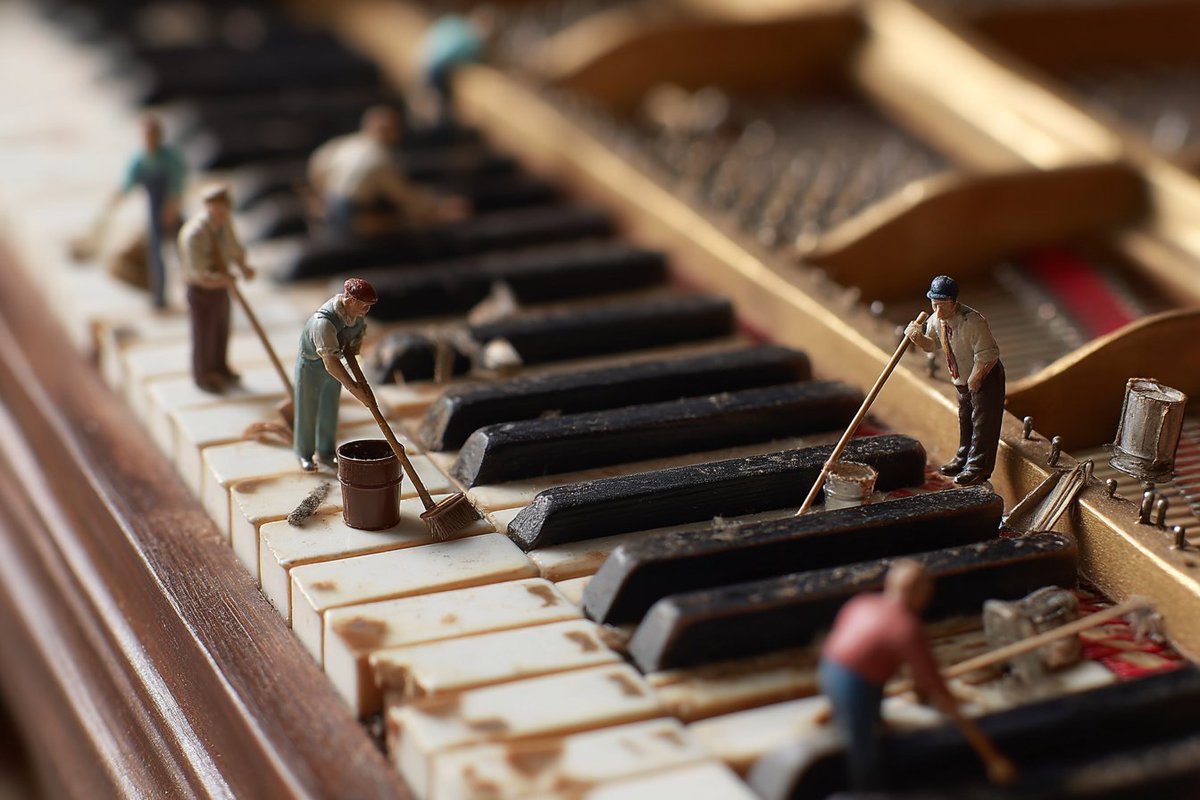 Tiny Figures Cleaning Piano Keys