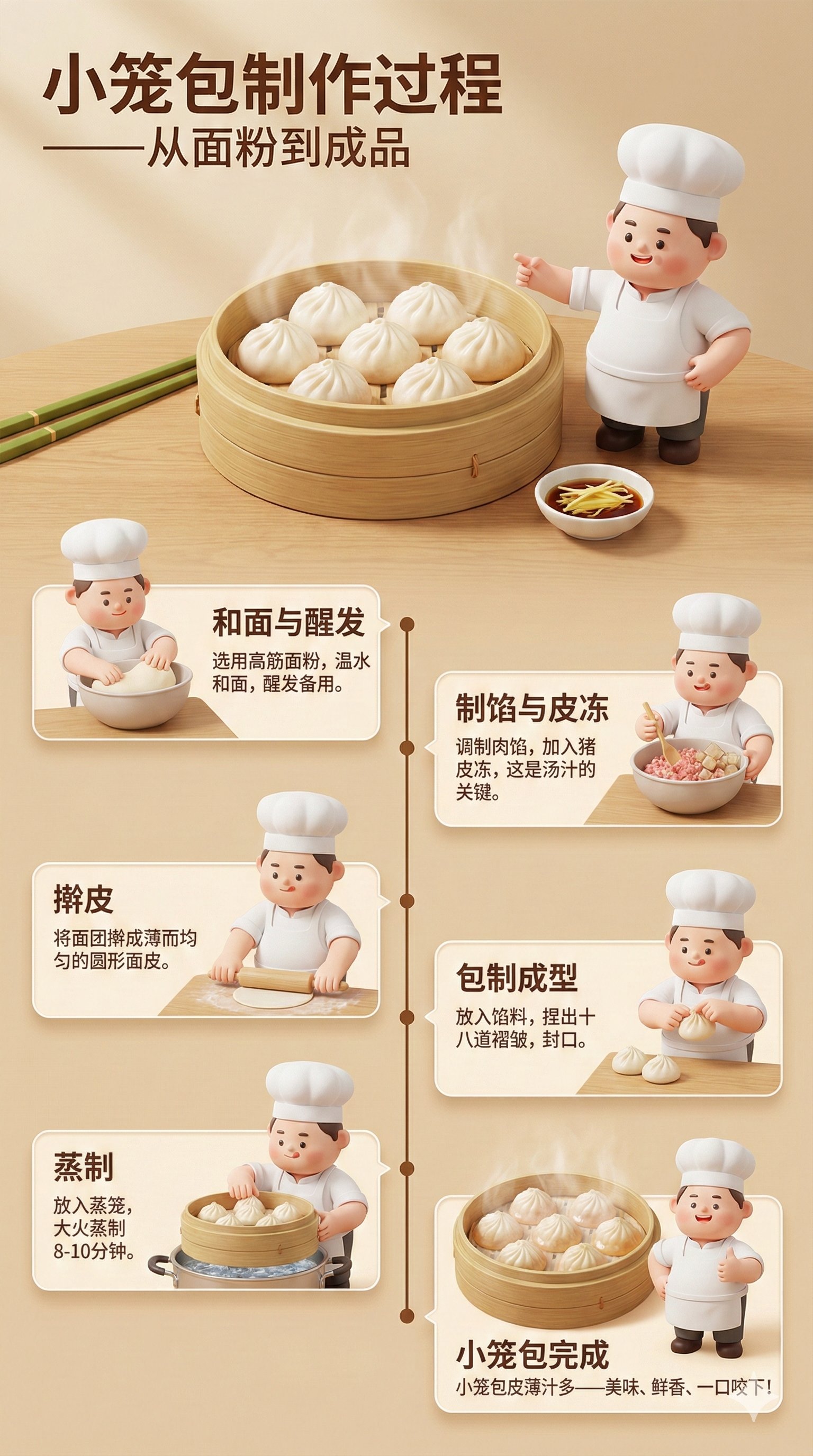 High-Detail 3D Infographic Poster: The Xiao Long Bao Making Process