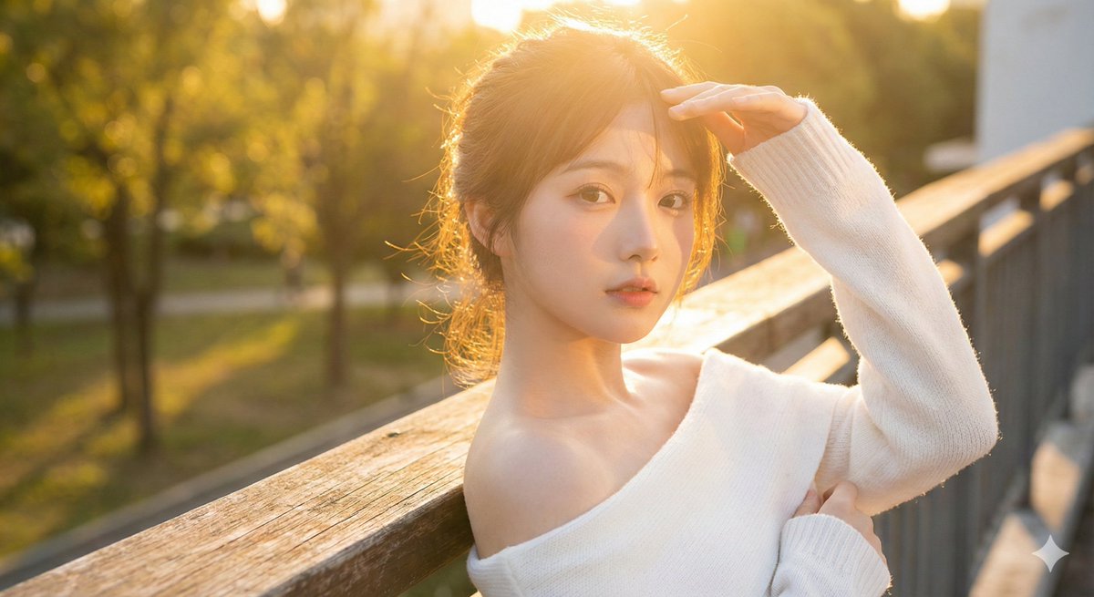 Ritratto Cinematografico Golden Hour: Ragazza Asiatico-Orientale in Top di Maglia Bianco